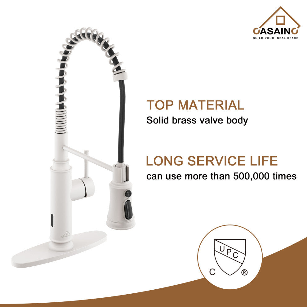 Single-Handle Spring Pull Down Sprayer Kitchen Faucet with Infrared Induction, Matte White