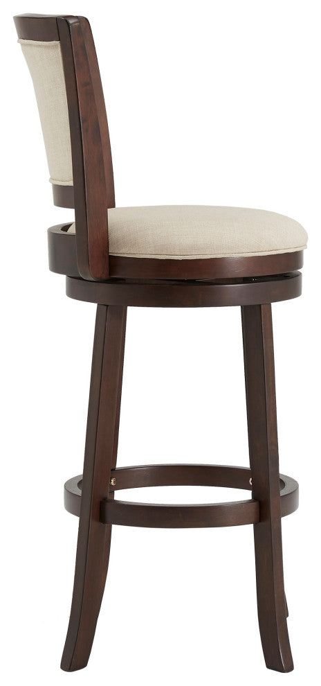 Janczy Dark Cherry Finish Beige Linen Swivel Chair, Bar Height