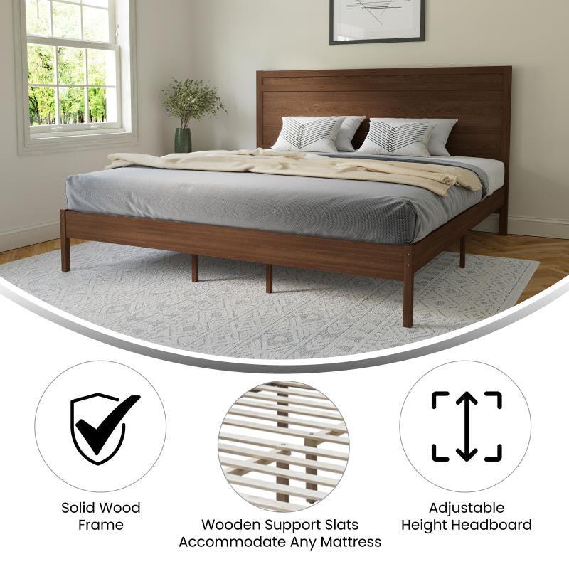Kingston Solid Wood Platform Bed with Wooden Slats and Headboard, Brown, King