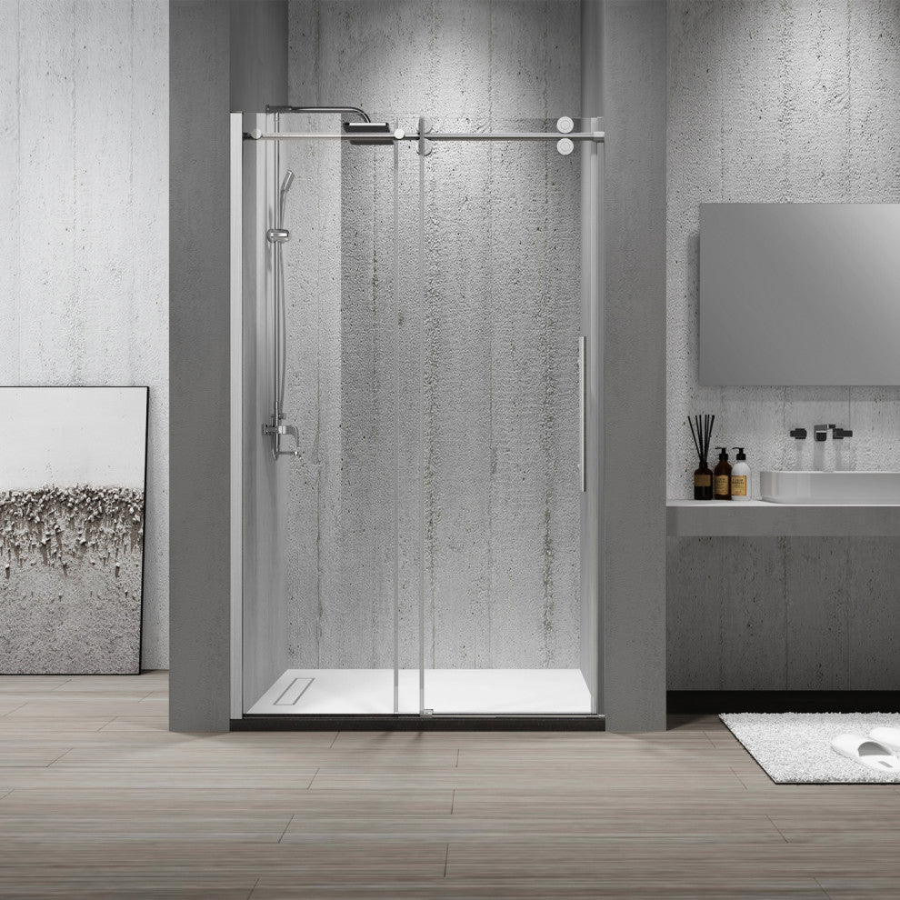 Massa Single Sliding Frameless Shower Door, Brushed Nickel, 48"x76"