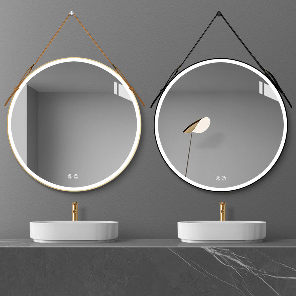 Round Framed Anti-Fog Dimmable Rope Hanging LED Bathroom Vanity Mirror, Godl, 24"24"