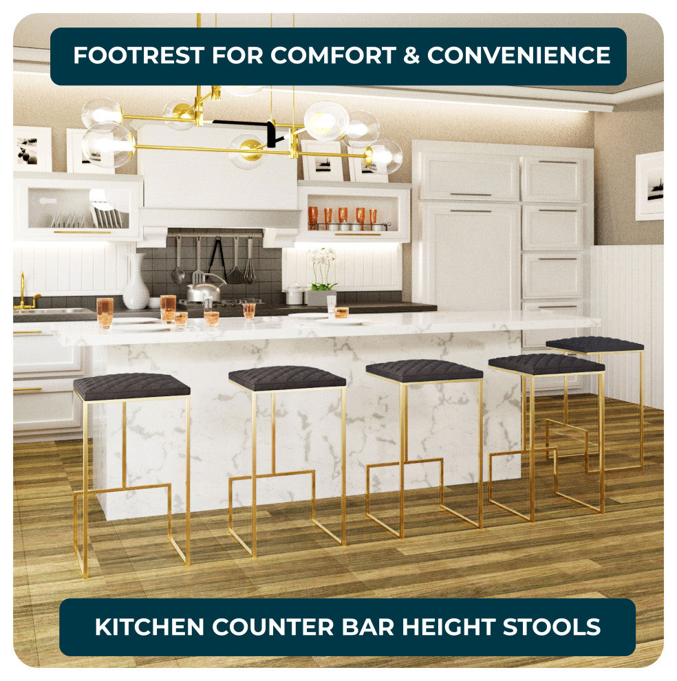 Quincy Leather Barstool Square Seats and Gold Metal Frame, Gray