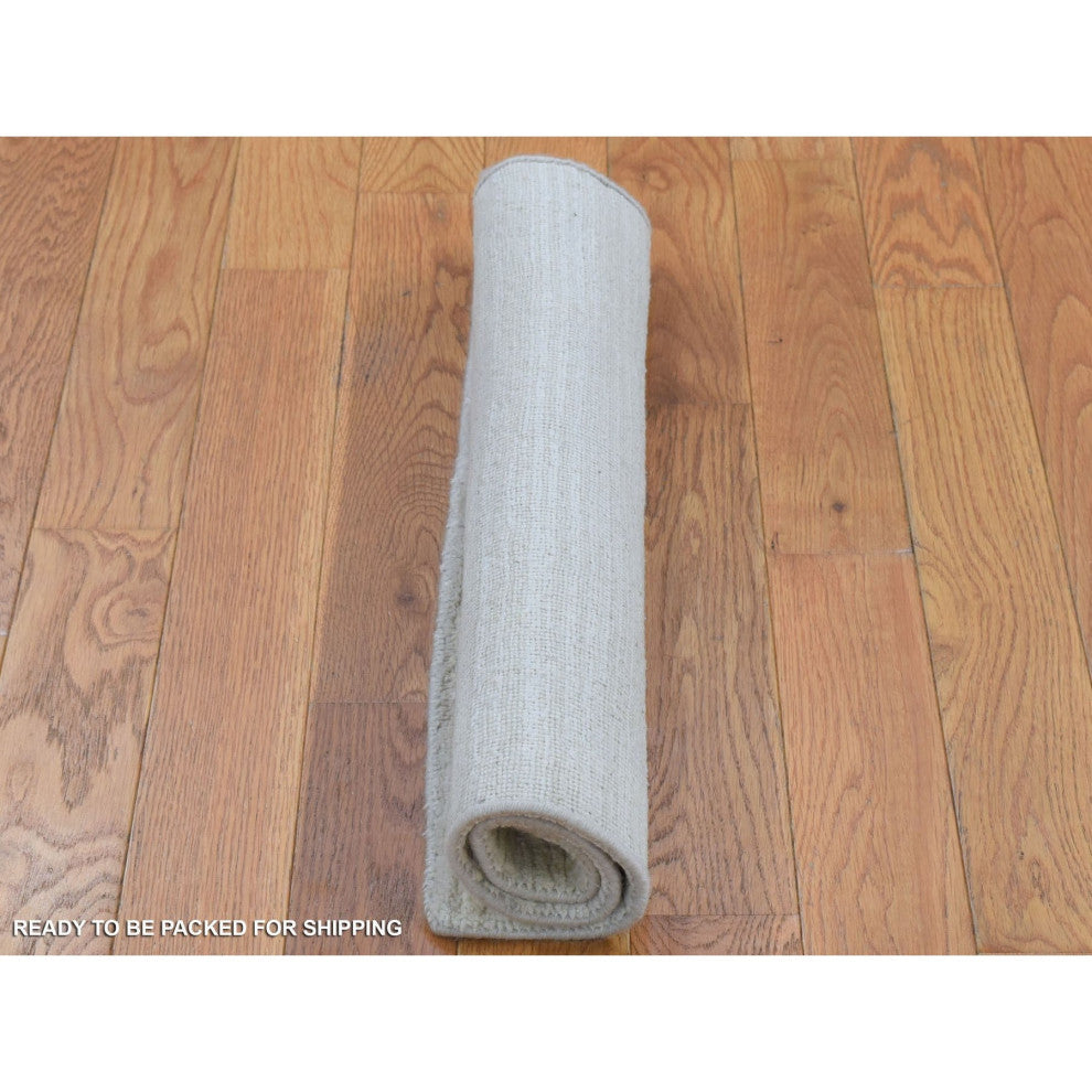 Ivory Modern Stripe Design Hand Loomed Silk With Textured Wool Rug, 2'1"x2'1"