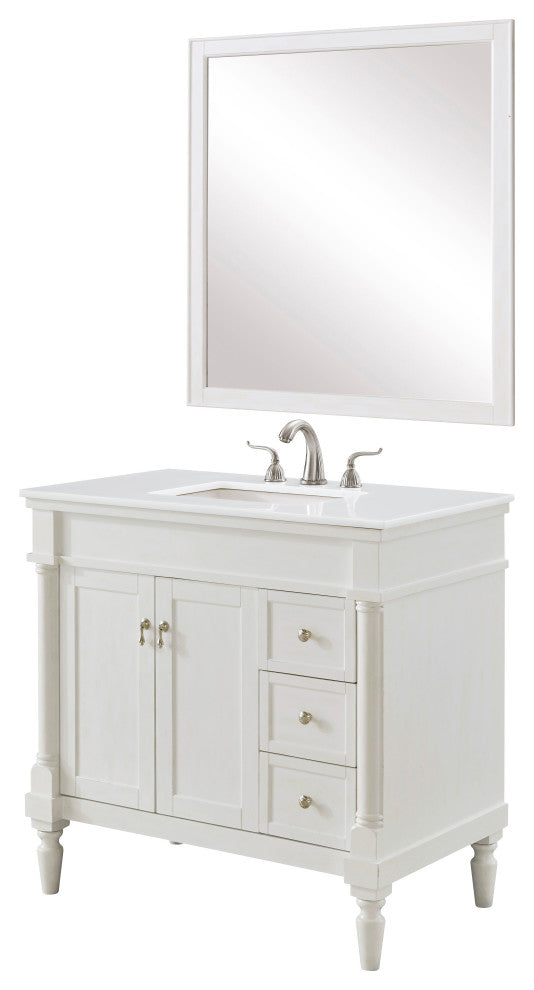 36" Single Bathroom Vanity, Antique White With Ivory White Engineered Marble