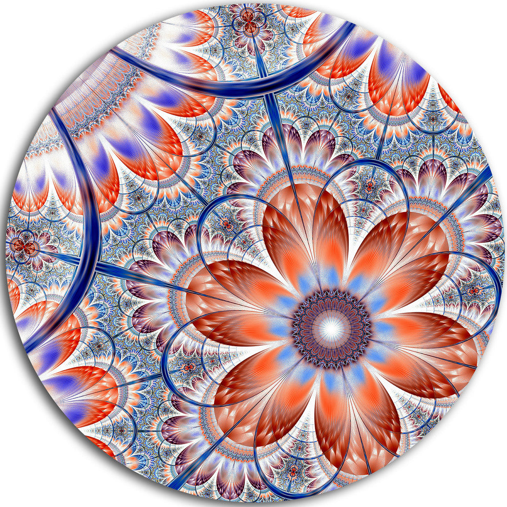 Brown And Blue Fractal Flower, Modern Floral Round Metal Wall Art, 11"