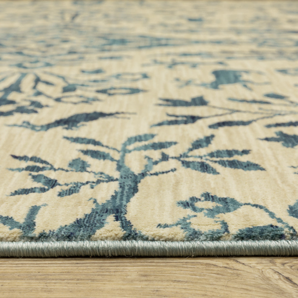 Fabienne Bordered Botanical Indoor Ivory/Blue Area Rug, Ivory, 5'3"x7'6"