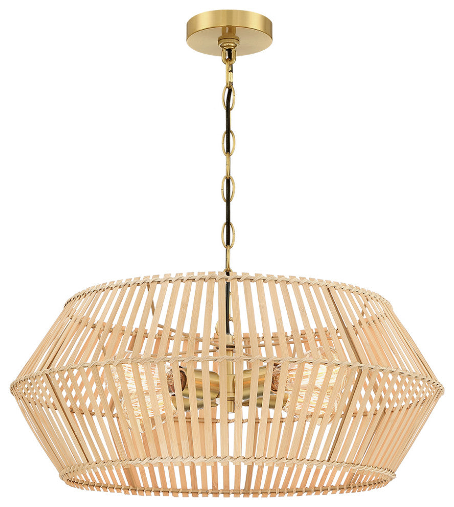 22" W 4 Light Bohemian Bamboo Chandelier With Brass Canopy