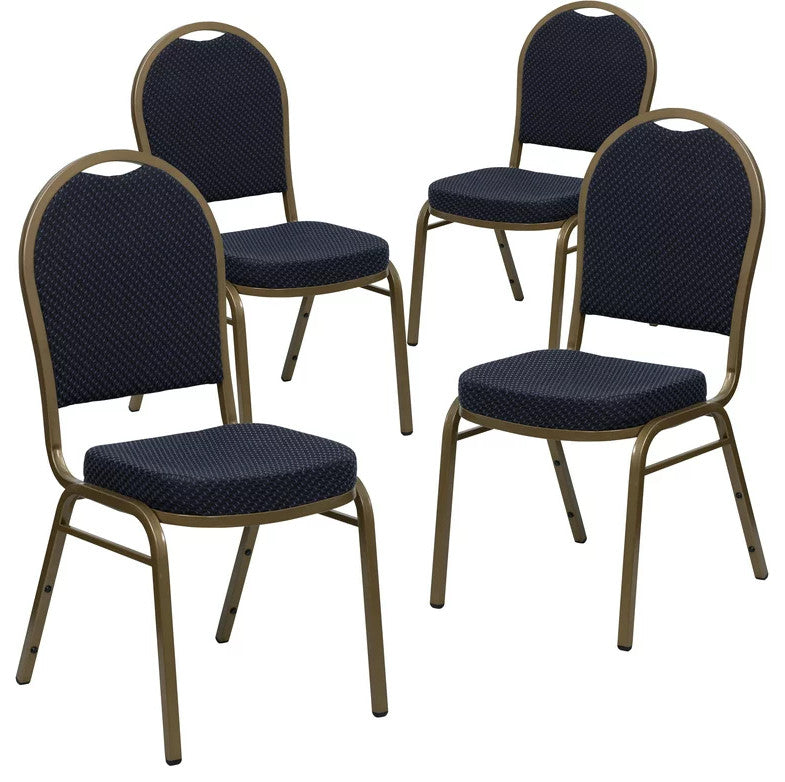 Set of 4 Dining Chair, Patterned Fabric Upholstery & Dome Back, Navy/Gold