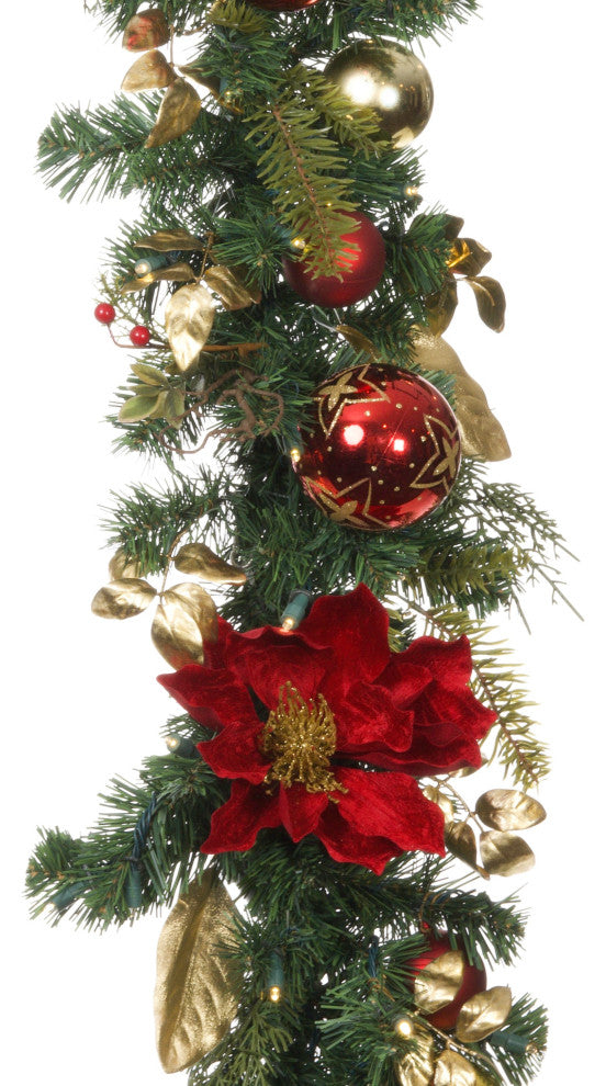 9' Artificial Christmas Garland with Lights, Golden Leaf Red Magnolia