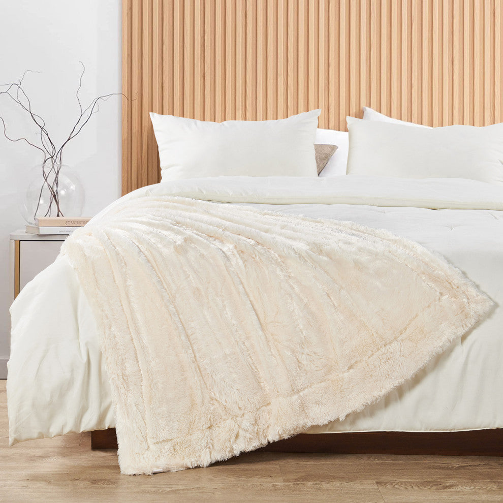 Double Sided Over-Sized Faux Fur Throw Blanket, Ivory, 70''x80''