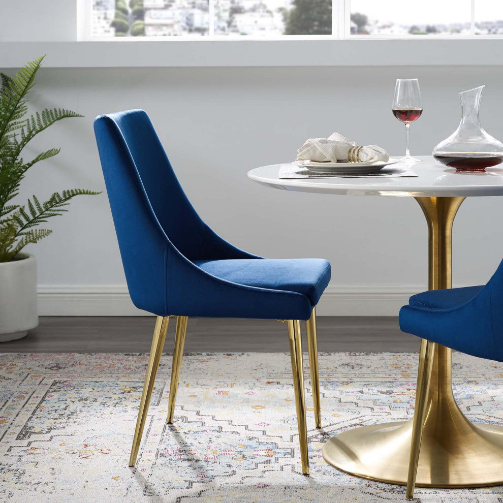 Modern Dining Room Side Dining Chair, Velvet Fabric Metal Steel, Navy Blue