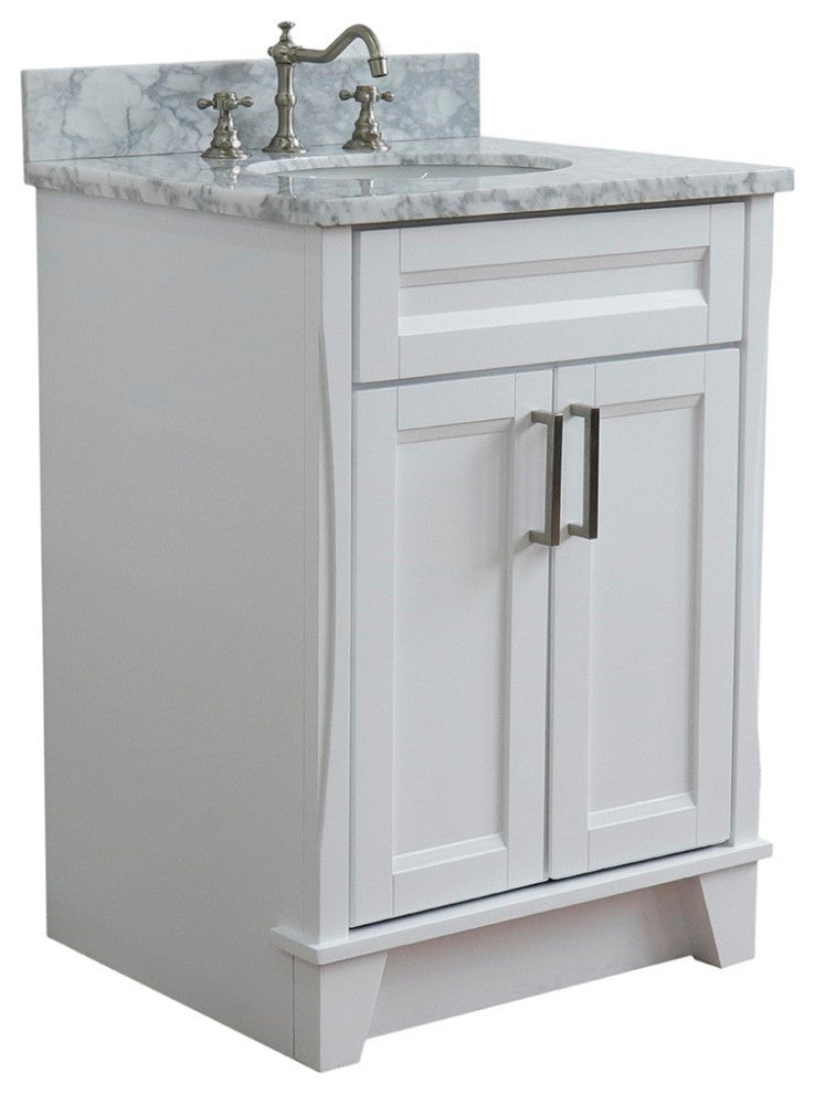 25" Single Sink Vanity, White Finish With White Carrara Marble And Oval Sink