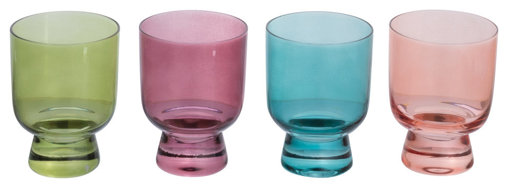Hand Blown Footed Drinking Glasses, 6 Ounces, 4 Assorted Colors