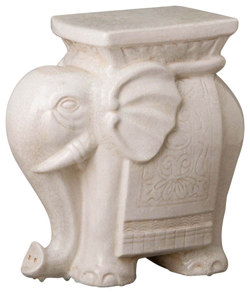 Elephant Stool, White Crackle 18x9.5x17.5