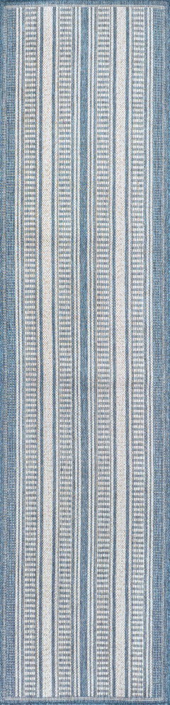 Haynes Modern Double Stripe Indoor/Outdoor Area Rug, Blue/Light Gray, 2x8