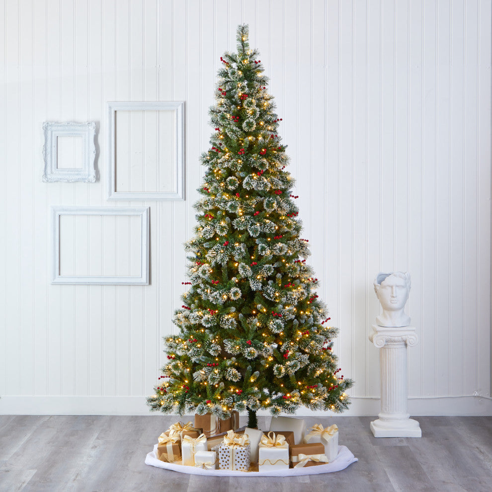9' Frosted Swiss Pine Faux Christmas Tree With 700 Clear LED Lights and Berries
