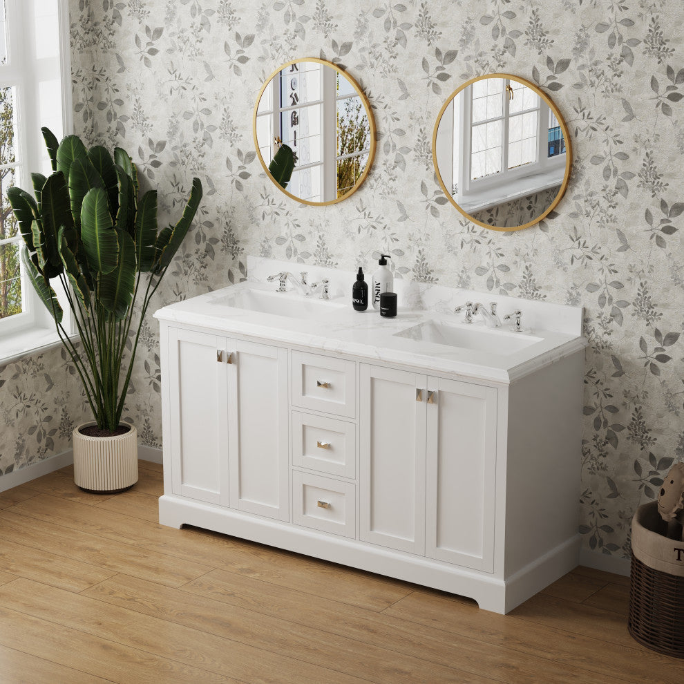 Freestanding Double Bathroom Vanity with White Carrara Marble Top, White, 60"