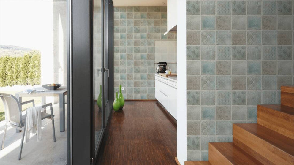 Textured Wallpaper, Flower Ornaments, Blue Green Gray Silver, 1 Roll