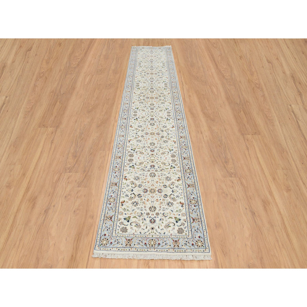 Ivory, Hand Knotted Nain, 250 KPSI Wool and Silk Runner Rug, 2'7"x14'0"
