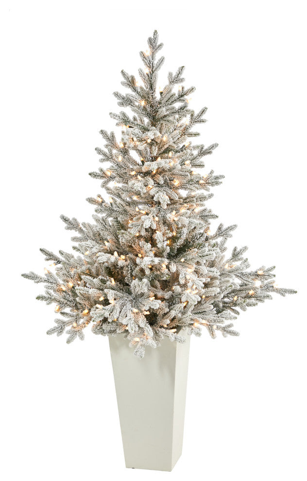 57" Flocked Fraser Fir Faux Xmas Tree W/Lights & Bendable Branches Tower Planter