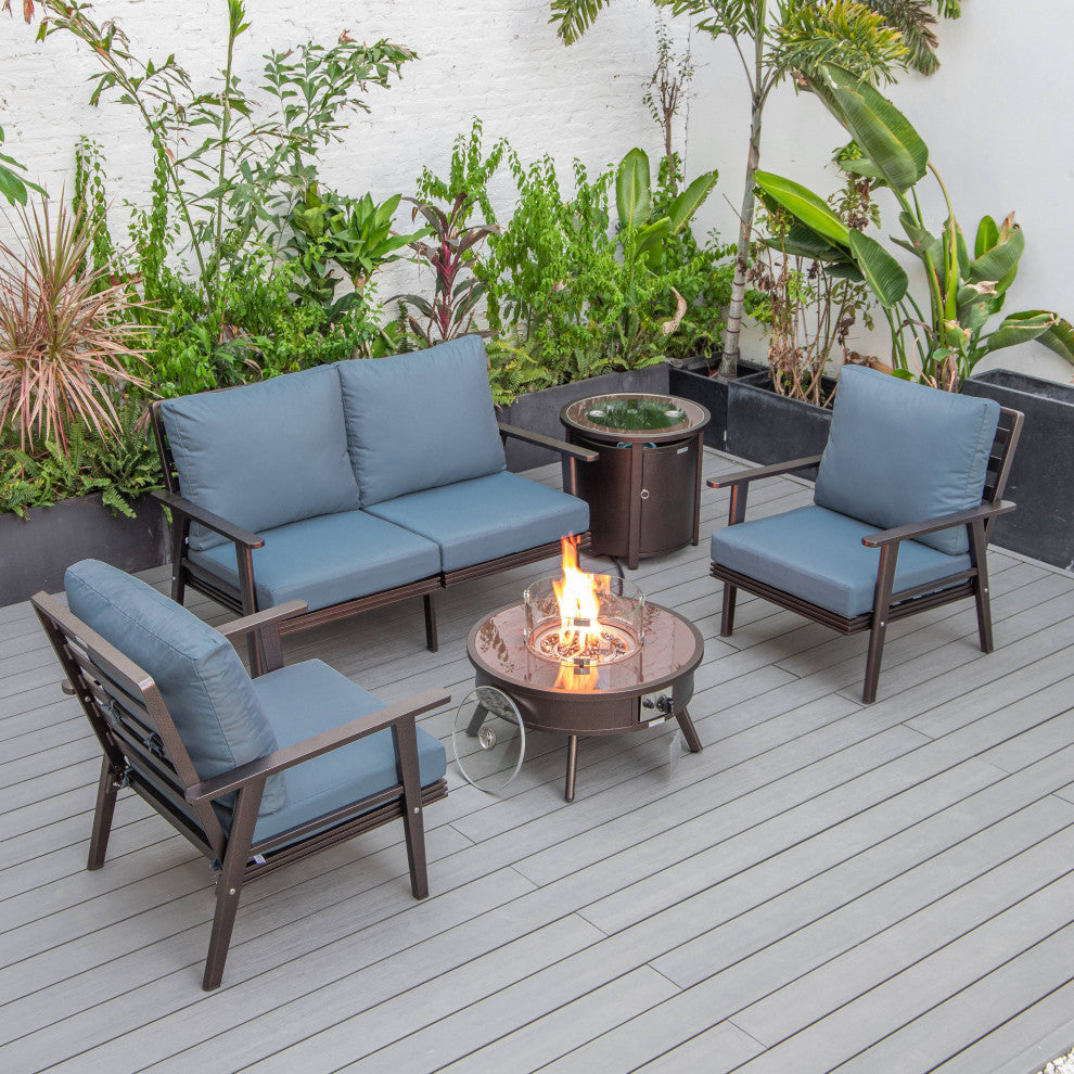 LeisureMod Walbrooke Brown Patio Sofa Set With Round Fire Pit Table, Navy Blue