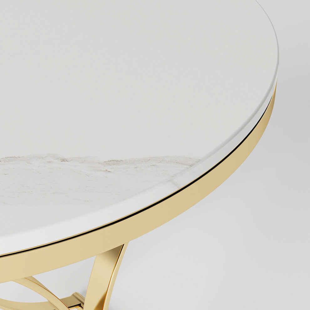 Modern Luxurious Round White Marble Stone Side Table X-Base End Table, White
