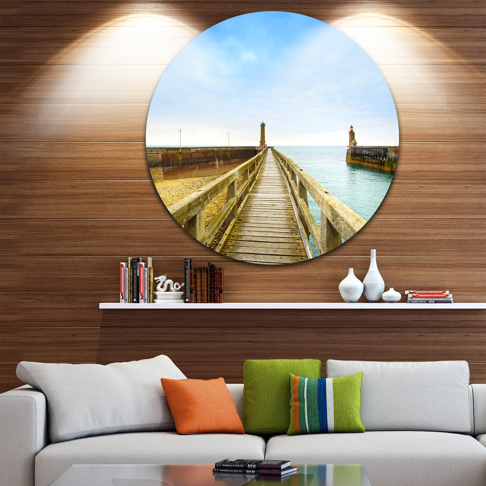 Pier And Lighthouse France, Seascape Photo Round Wall Art, 11"