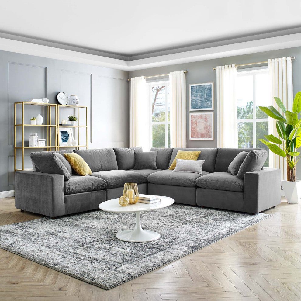 Sectional Sofa Set, Velvet, Gray, Modern, Living Lounge Hotel Hospitality