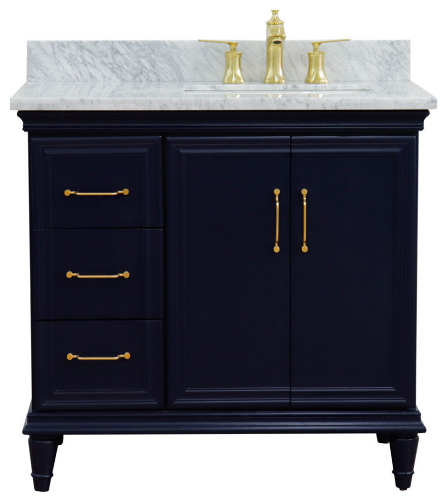 37" Single Vanity, Blue Finish With White Carrara