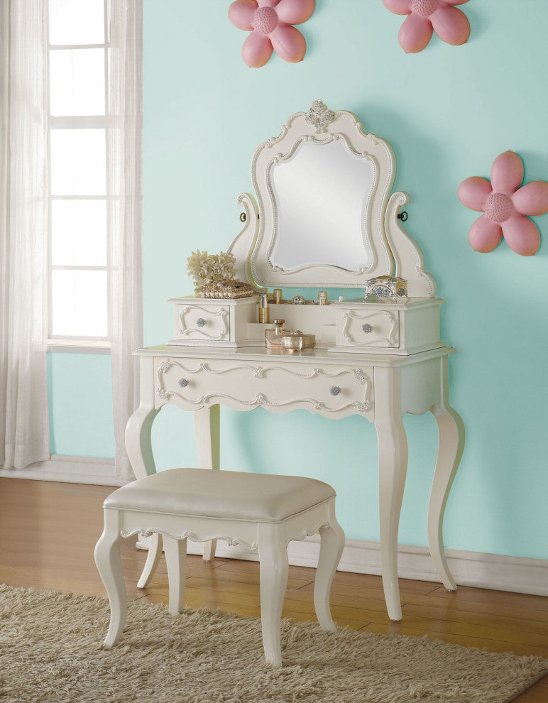 Vanity Stool with PU Leather Seat Cushion, Pearl White