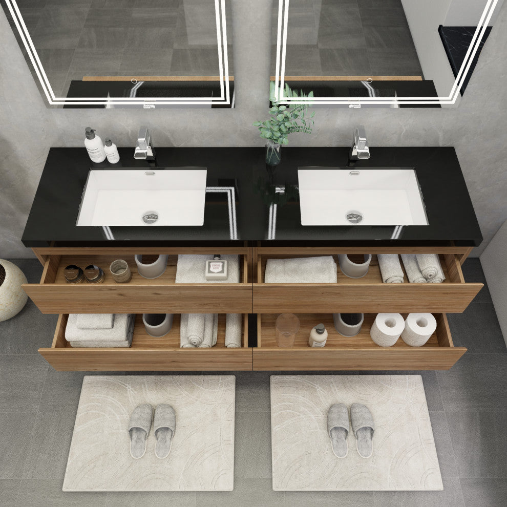 Belli 72" Double Sink Wall Mount Vanity Set, Natural Oak, Matt Black Top