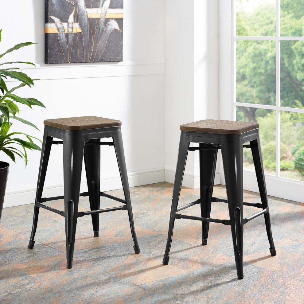 Counter Stool Chair, Set of 2, Wood, Metal, Black, Modern, Bar Pub Restaurant