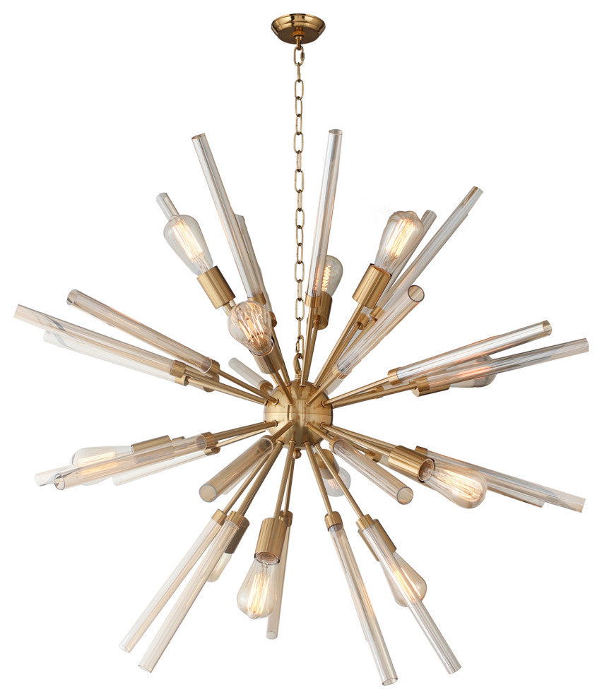 12-Light Sputnik Chandelier in Shining Brass Finish with Clear Hollow Glass Rods