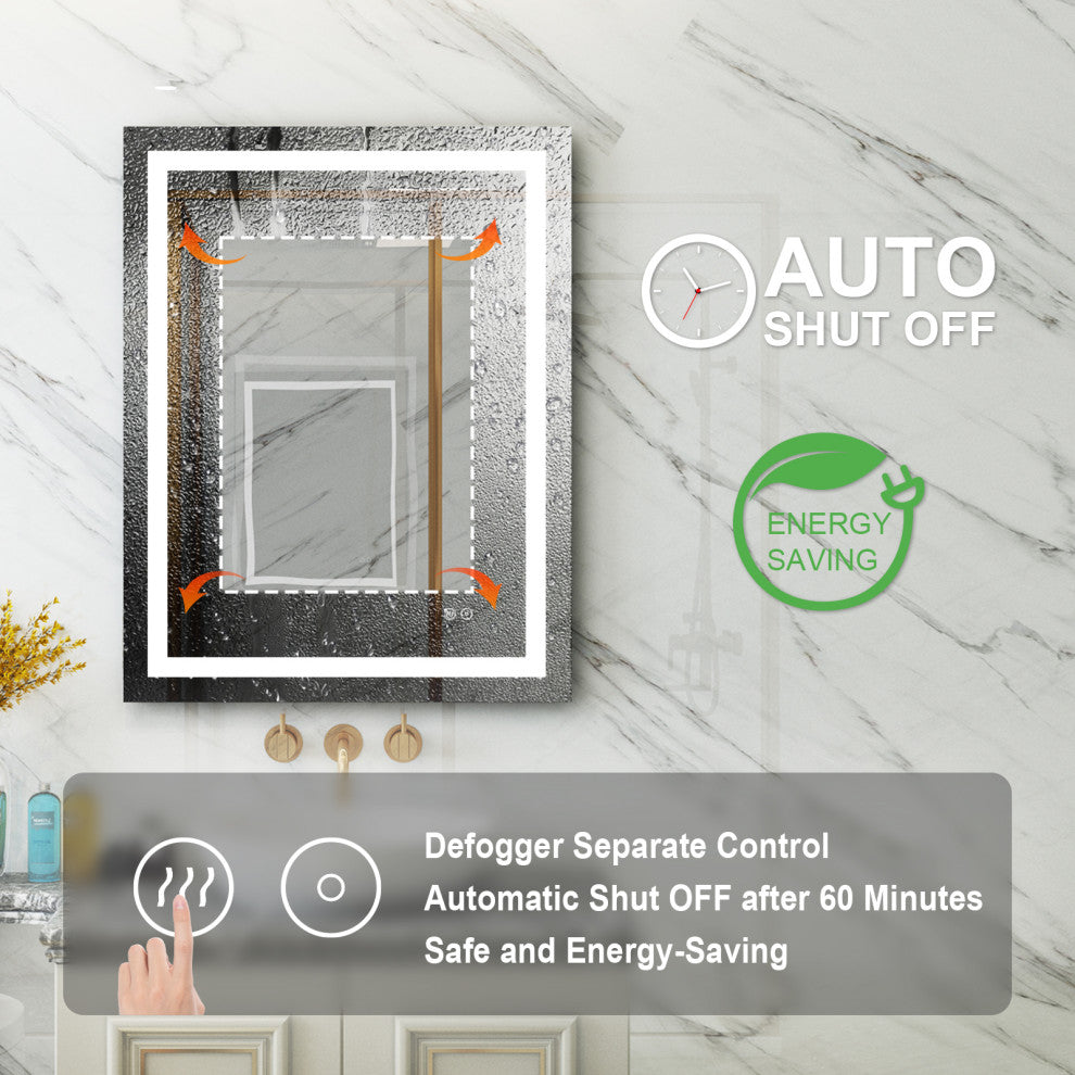 Frameless LED Bathroom Vanity Mirror With Defogger Dimmer, 28"x36"