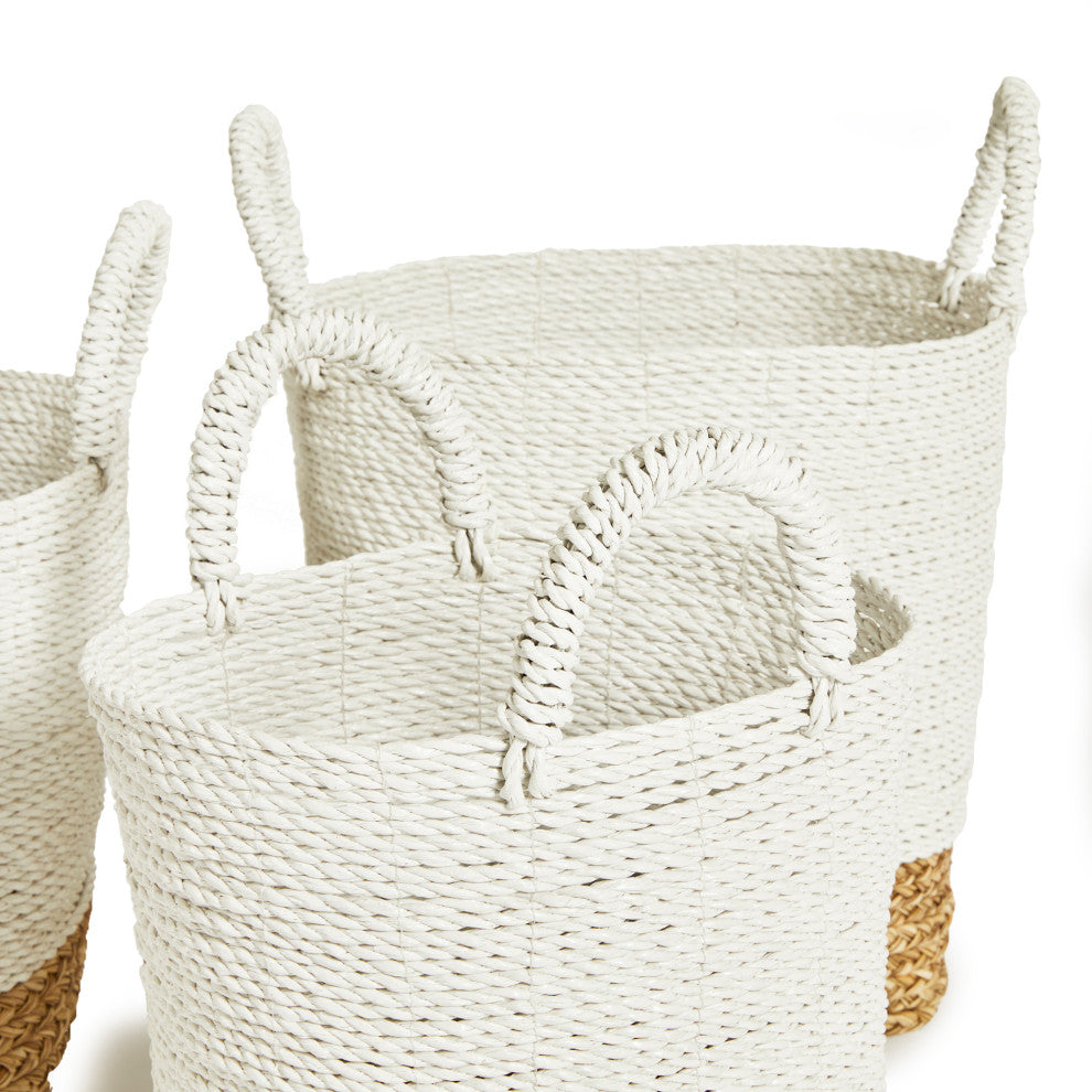 Set of 3 Contemporary Casual Natural White Round Tote Baskets Handles Large
