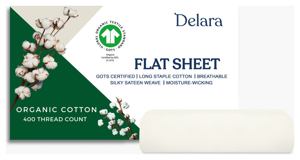 Delara GOTS Certified 100% Organic Cotton Flat Sheet 400TC, Ivory, King, 108"x105"