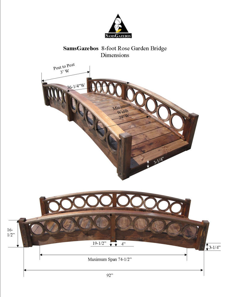SamsGazebos Rose Garden Bridge With French Ring Railings 8-foot