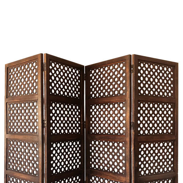 Benzara BM01876 4 Panel Mango Wood Room Divider, Circular Cutout Design, Brown
