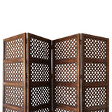 Benzara BM01876 4 Panel Mango Wood Room Divider, Circular Cutout Design, Brown