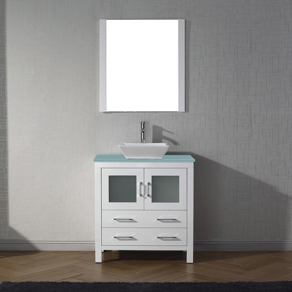 Virtu Dior 32" Single Bathroom Vanity, White, Polished Chrome Faucet, Mirror
