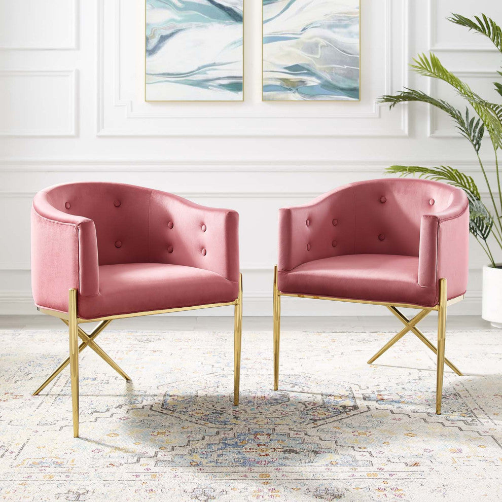 Side Dining Chair, Set of 2, Velvet, Metal, Pink, Modern, Cafe Bistro Restaurant