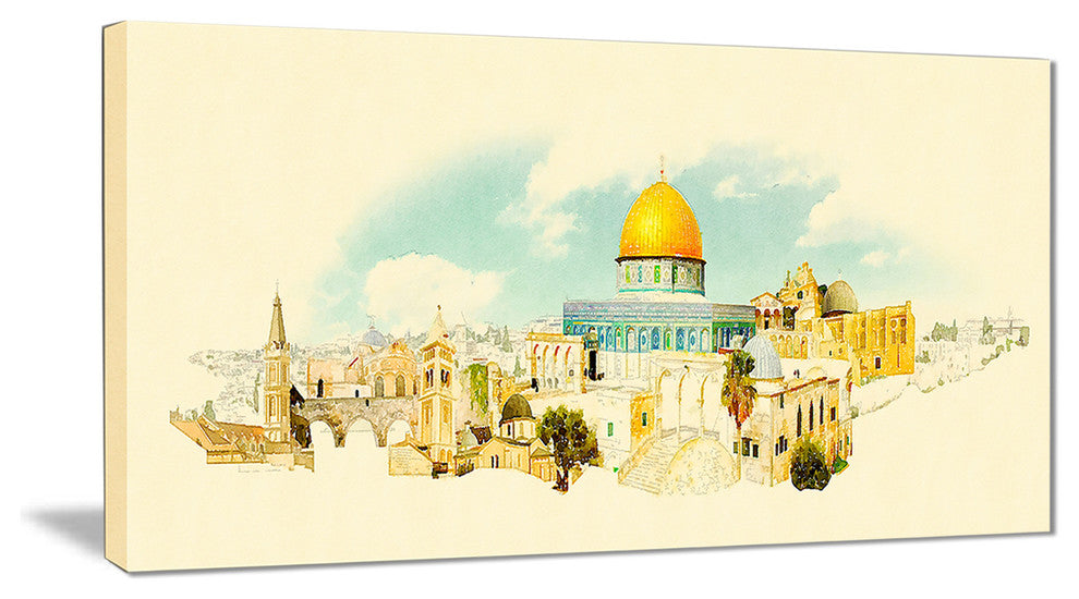 "Jerusalem Panoramic View" Cityscape Watercolor Canvas Print, 40"x20"