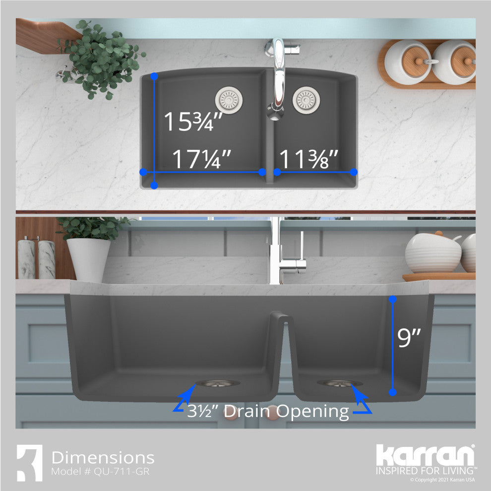 Karran Undermount Quartz 32" 60/40 Double Bowl Kitchen Sink Kit, Grey