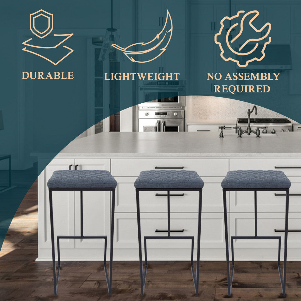 Quincy Square Barstool with Leather Seats and Metal Frame with Footrest, Peacock Blue