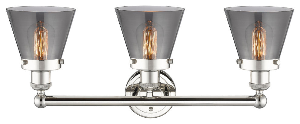 Edison Small Cone 3-Light 25" Vanity Light, Polished Nickel -Plated Smoke Shade