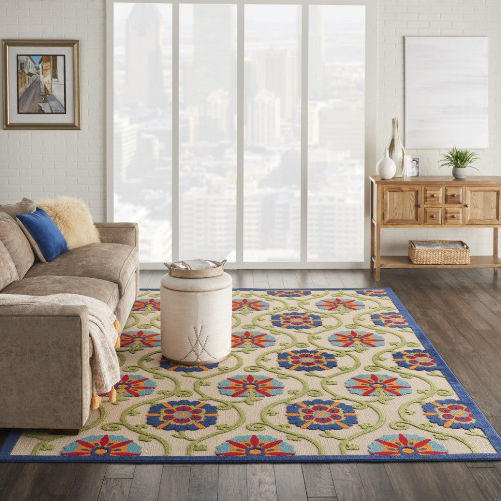 7' X 10' Ivory And Blue Floral Indoor Outdoor Area Rug