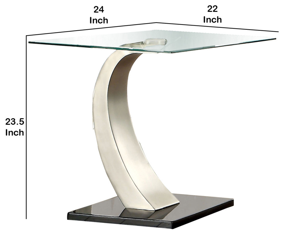 Benzara BM208038 Glass Top End Table With Curved Pedestal Base, Black & Gray