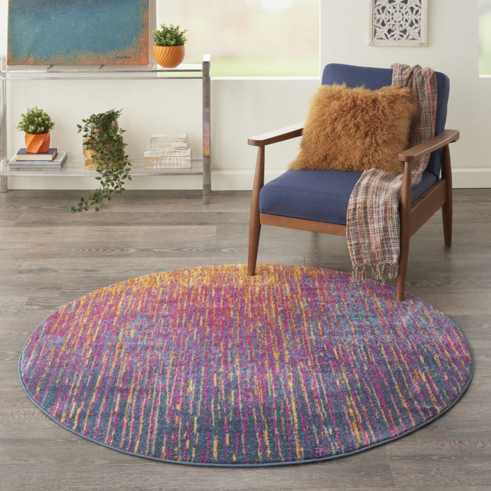 5' Blue And Pink Round Abstract Power Loom Area Rug