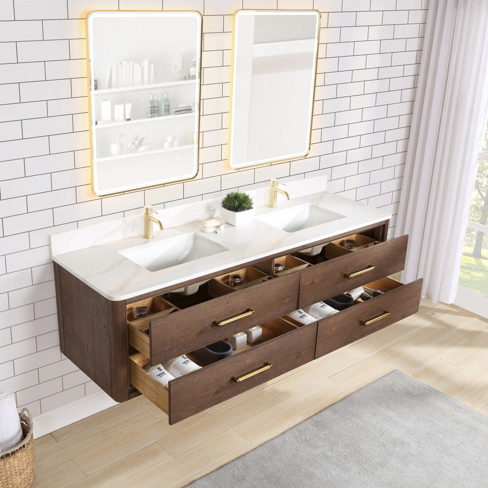 Cristo Floating Bath Vanity With Stone Top, Aged Dark Brown Oak, 72in., No Mirror