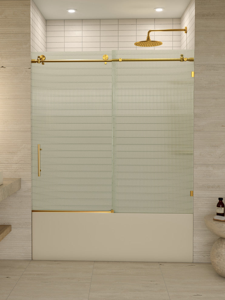 Galaxy 60"x60" Frameless Glass Sliding Bathtub Doors, Satin Brass, Left